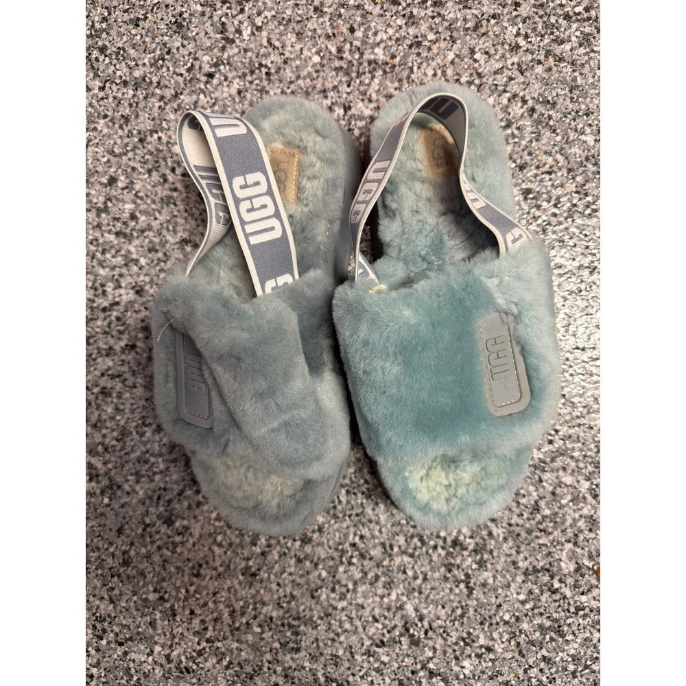 UGG Fluffita Slate Blue Sheepskin Platform Slingback Slides Sandals 1112258 8